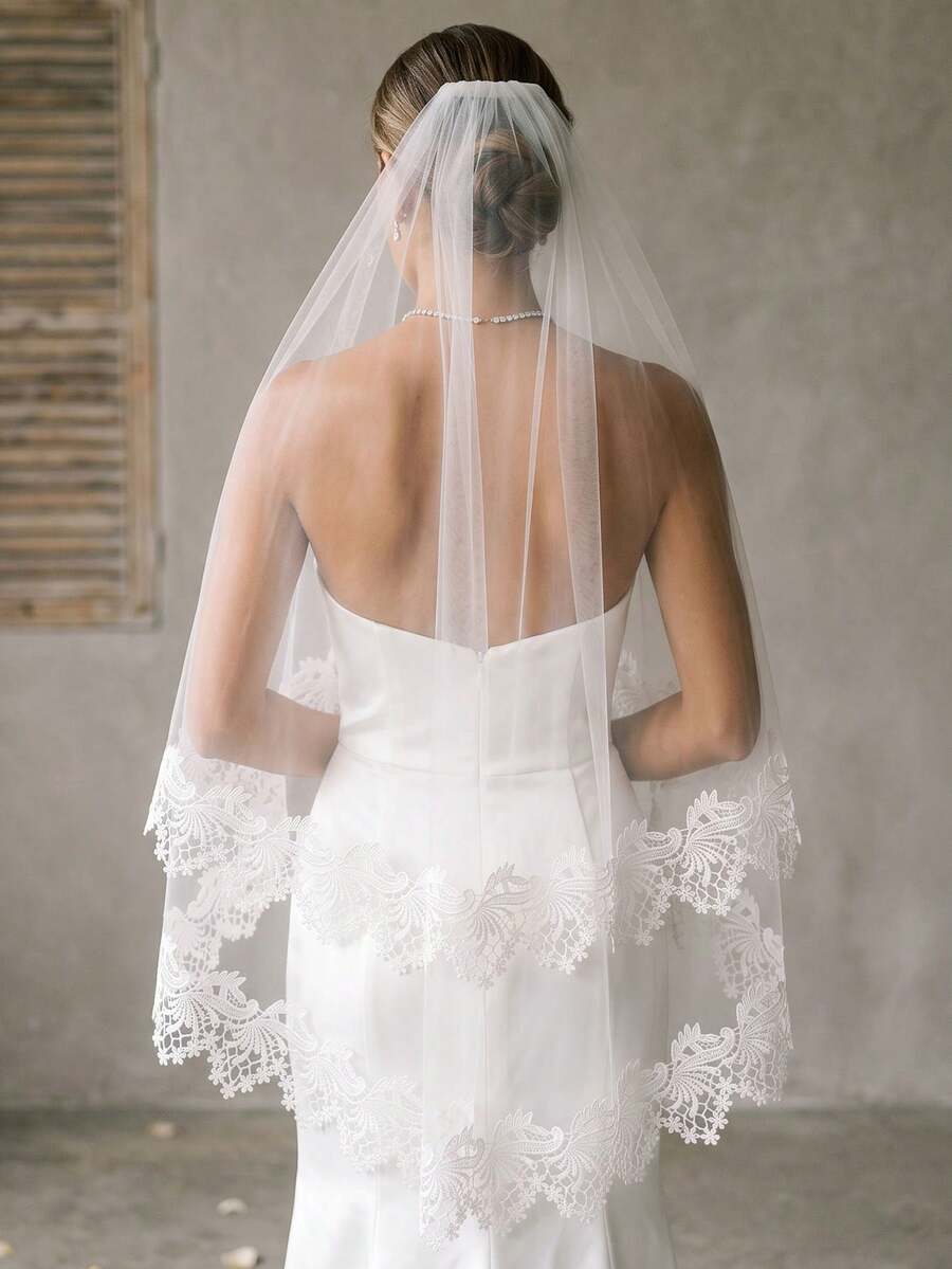 1 Pc 2 Tier Wedding Veil Fingertip Length Lace Applique Bridal Veil Blusher Veil With Metal Comb For Brides - Multicolor - View 1