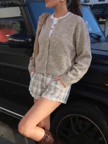 VIBEWAVE Women's Multicolor Crew Neck Short Knit Cardigan, Loose Fit Dropped Shoulder Single-Breasted Casual Sweater Jacket, Autumn/Winter - Khaki - View 1