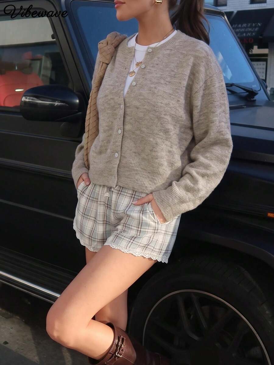 VIBEWAVE Women's Multicolor Crew Neck Short Knit Cardigan, Loose Fit Dropped Shoulder Single-Breasted Casual Sweater Jacket, Autumn/Winter - Khaki - View 1