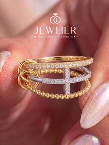 1pc Interlocking Bead Ring, Studded With Shiny Cubic Zirconia, Unisex Style, Suitable For Daily Wear And Party Accessory - Multicolor - View 2
