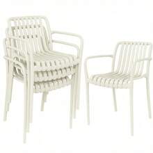 Set Of 4 Stackable Garden Chairs With Armrests, Mesh Design, Ergonomic, Cream And White, For Outdoor Use. - Dark Gray + Plastic - View 8