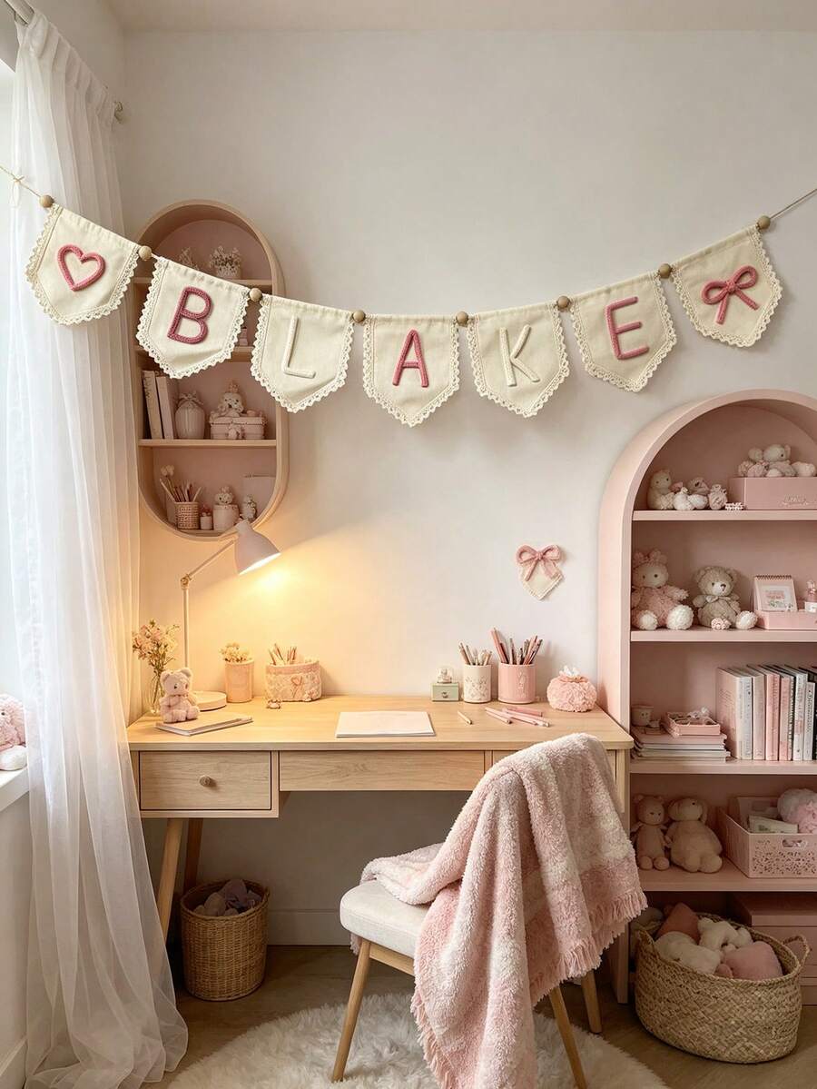 1 buah Banner Nama Renda Kustom, Garland Huruf Benang Buatan Tangan, Dekorasi Bayi Perempuan yang Dipersonalisasi, Hiasan Dinding Kamar Bayi Netral, Bendera Nama Felt yang Dipersonalisasi, Dekorasi Kamar Bayi Skema Warna Macaron - MultiWarna - View 1