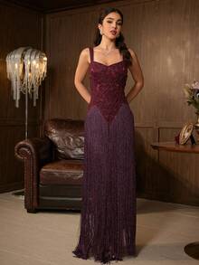 Elegant Women's Burgundy Sleeveless Tassel Decor Dress, Perfect For Balls And Formal Events, Soft And Suitable For Banquets And Galas - Dark Purple - View 9