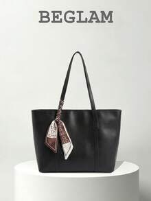 Fashion Solid Color PU Small Shoulder Tote Bag With Scarf Decoration, Suitable For Women Shopping, Commuting And Daily Use - Black - View 1