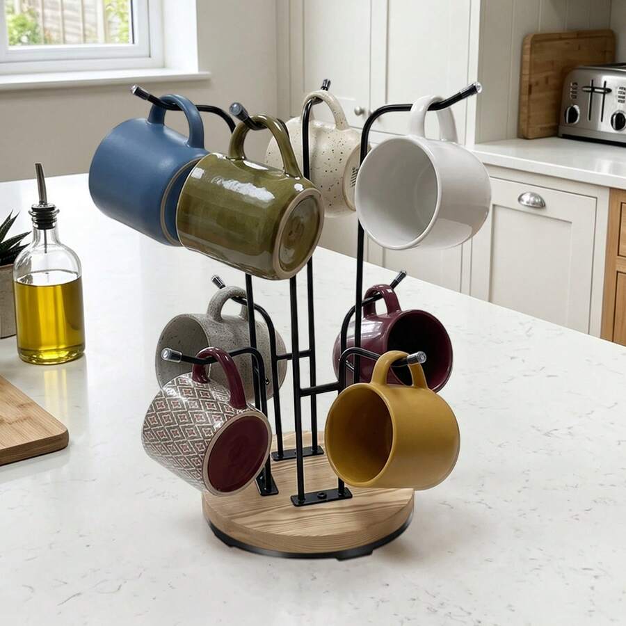 OUKANING 360° Rotating Mug Holder With 8 Hooks, Countertop Iron Wood Coffee Cup Rack, Cup Storage Drainer Tool For Kitchen Home Coffee Corner - View 1