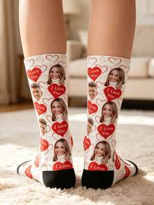Custom Heart & Lock Key Print Crew Socks, Romantic I Love You Personalized Photo Mid-Calf Gift Socks For Women - White - View 2