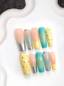 10件/組 Y2K 風格手工穿戴甲，Polygel 美甲套組，銀色波點、黃色與綠色，鮮豔風格，含美甲工具，3 種尺寸可選，杏仁形、鴨嘴形、棺材形，適合派對、跳舞、日常配戴（手工細節可能有所不同） - 彩色 - 查看 4