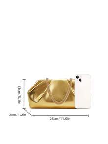 Women Metallic Ruched Clutch Purse, Detachable Chain Strap Cloud Shape Evening Bag, Elegant Wedding Party Shoulder Handbag - Gold - View 8