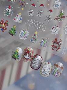 1 Sheet Christmas Nail Art Stickers, Cute Santa Hat Cat Dog Snowman Xmas Tree Designs, Winter Holiday Manicure DIY Decals Decoration - Multicolor - View 5
