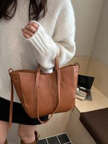 1pc Solid Color PU Commuter Shopping Large Capacity Minimalist Exquisite Versatile Casual Daily Modern Style Tote Bag - Brown - View 2