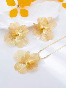 3件組優雅高端金屬金色拉絲鏤空蝴蝶花朵吊墜耳環項鍊套裝，適合女性日常、派對與節日穿著 - 金黃色 - 查看 2
