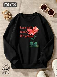 Children's Black Crew Neck Sweatshirt, Casual Sweatshirt With Floral Print - Black - View 4