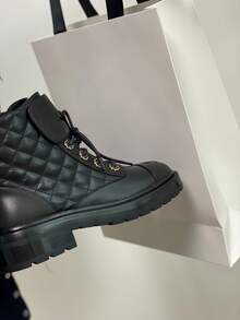 Women's Diamond-Quilted Ankle Boots, Black And White Patchwork, Lace-Up Design With Metal Eyelets, Thick Platform Sole, Fashionable Short Boots For - Black - View 2