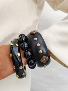 imoli 3pcs/Set Vintage Punk Style Stackable Resin Wide Cuff Inlaid Rivet CCB Square Bead Women's Bracelet Set, Bracelet, Wrist Jewelry, Suitable For Daily Party Matching Accessories - 33740-bra-black - View 3