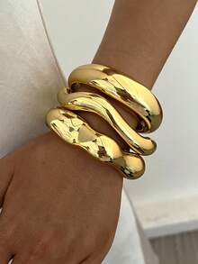 3pcs/Set Fashion Minimalist Elegant Exquisite Vintage Design Geometric Ribbon Wave Smooth Surface Minimalist Plain Band CCB Metal Style Exaggerated Wide Chunky Bangle Bracelet Set, Holiday Vacation Party Date Gift, Daily Commute Wear, Personalized - Yellow Gold - View 2