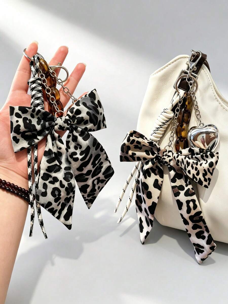 1pc Italian Fashion Handmade Woven Ribbon Leopard Print Bow Pendant Charm For Women Handbags, Tote Bags, Car Keychains - Multicolor - View 1