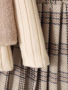 Girls Fashion Solid Color Round Neck Long Sleeve Top, Fuzzy Sleeveless Vest And Pleated Skirt 3 Pieces Set, Autumn/Winter - Apricot - View 8