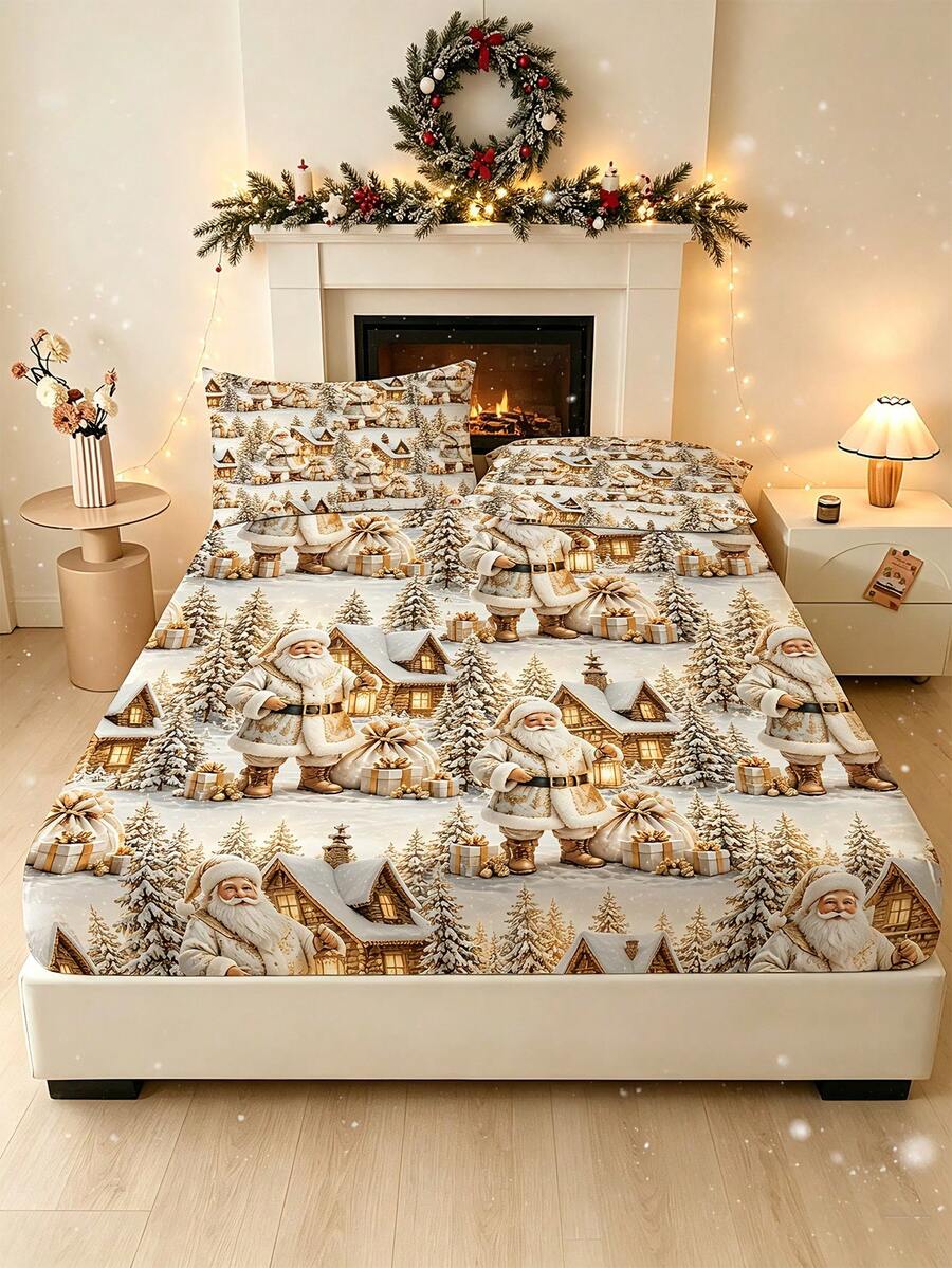 1PC Gold Christmas Snow Scene Pattern Fitted Sheet (Fitted Sheet Only, No Pillowcase), Santa Claus Print Soft Bedroom Bedding, Suitable For Bedroom, Guest Room, School Dormitory Fitted Sheet, Easy To Remove And Machine Washable All Season Mattress Protector, Perfect Christmas Gift For Parents And Friends - Multicolor - View 1