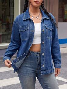 Jaket Denim Longgar Wanita, Kasual, Lengan Panjang, Kancing Depan, Mantel Denim, Pakaian Musim Gugur - Dark Wash - View 4