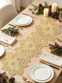 1pc Christmas Flower PVC Gold Foil Table Runner, Suitable For Christmas Dining Table Center Decor, Holiday Party Wedding Celebration Dinner Table Mat, Outdoor Party Floral Table Runner - Multicolor - View 2