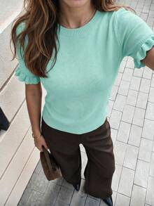 Women's Casual Yellow Round Neck Ruffle Short Sleeve Loose Fit T-Shirt, Spring/Summer Style, Suitable For Dating And Daily Wear - Cadet Blue - View 4