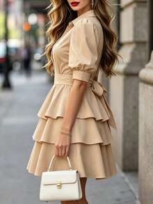 DONICY Women's Elegant Khaki Shirt Dress, Puff Sleeves With Layered Ruffles, French Style Suitable For Dating And Work Wear - Khaki - View 8