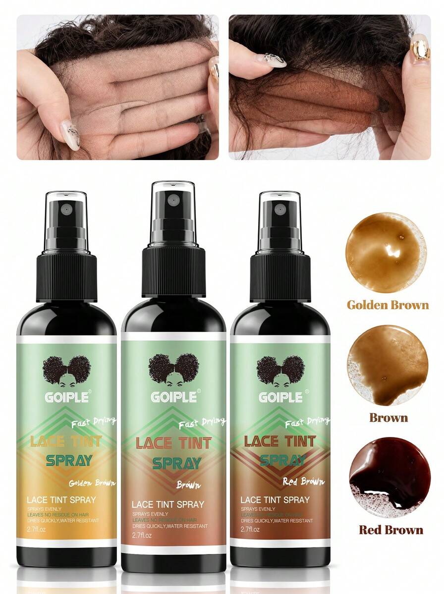 Goiple 2.7fl.Oz Lace Hair Dye Spray, Waterproof Lace Blending Spray, Wig Knot Concealer, Suitable For Hair Extensions, Lace Wigs, Quick-Dry Formula, Matches Skin Tone, Suitable For Daily Wig Wear And Cosplay (Brown/Reddish Brown/Golden Brown)