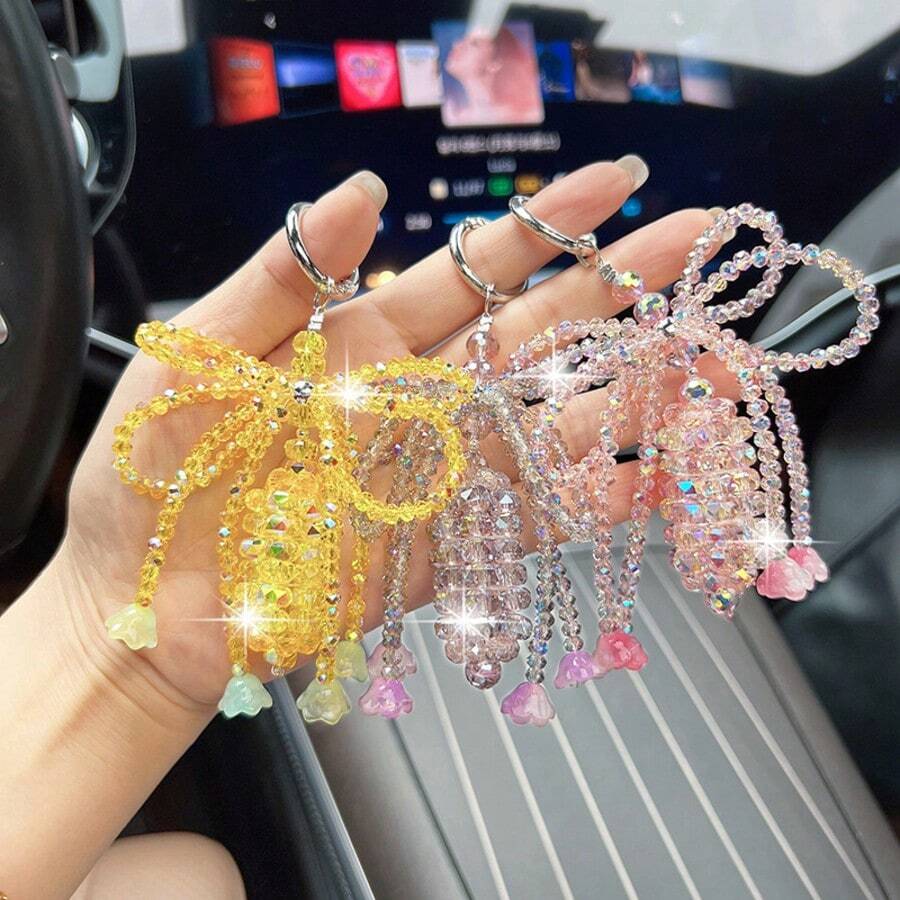 1Pc Crystal Bellflower Beaded Keychain, Tassel Alloy Key Ring, Bag Charm Pendant For Backpack Car Keys, Halloween Christmas Holiday Gift - Multicolor - View 1