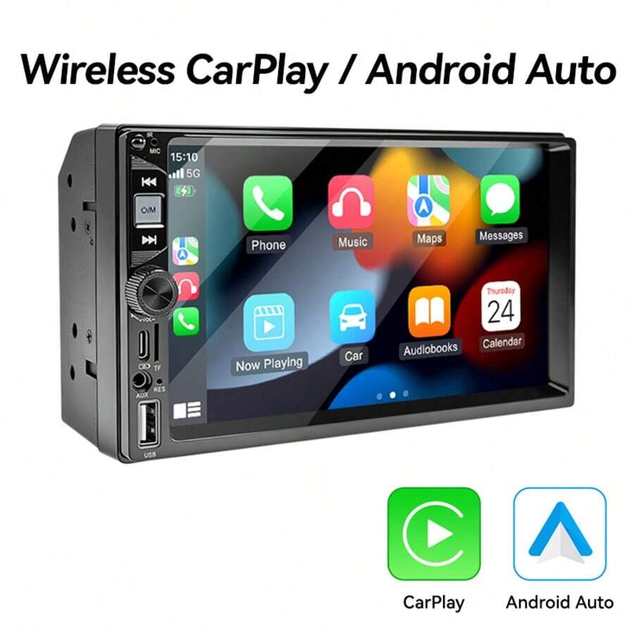 VENBES 7 吋單 DIN 車用音響，無線 CarPlay 與無線 Android Auto，MP5 車用收音機接收器，支援藍牙、FM、USB、AUX