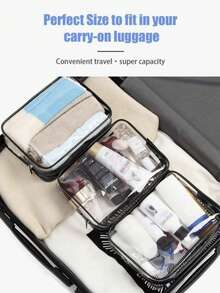 3-Piece Set Neutral Transparent PVC Travel Makeup Bag Set, Lightweight Multi-Color Zipper Makeup Storage Bag, Pink, Black, White And Rose Red, Suitable For Vacation, Carrying, Bathroom And Daily Use Toiletries And Accessories Storage - Black - View 2