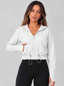 Never me Women's Sports Jacket Hooded Long Sleeve Cropped Zip-Up Cardigan With Side Cutout Patchwork And Drawstring Hem Design For Yoga - White - View 4