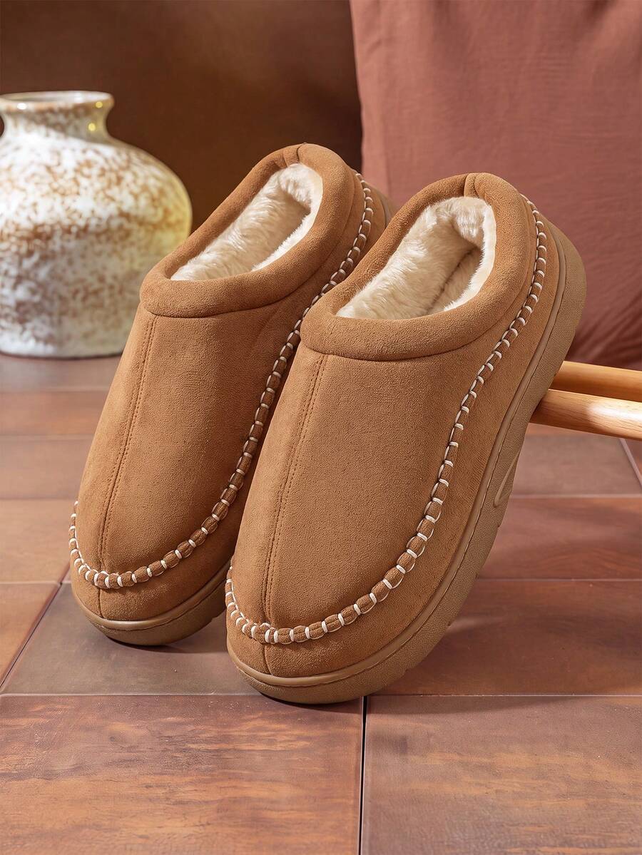 Winter Plus Size Men's Indoor Home Fleece Slippers, Simple Solid Color Loafer Style Thick Sole Plush Warm Outdoor Wear Slippers