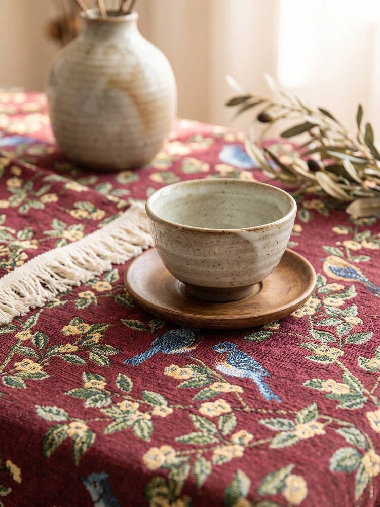 1pc Burgundy Background Blue Bird Yellow Flower Branch Leaf Print Tablecloth French Vintage Style Linen Blend Material Round Beige Tassel Edge Detail Stain Resistant Protective Desktop Function Outdoor Decorative Tablecloth Suitable For Outdoor Patio Picnic Garden Party Scenes - Burgundy - View 2