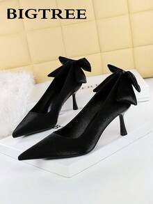 BIGTREE European & American Style Banquet Satin Bow Pointed Toe Low Vamp High Heel Pumps For Women - Black - View 2
