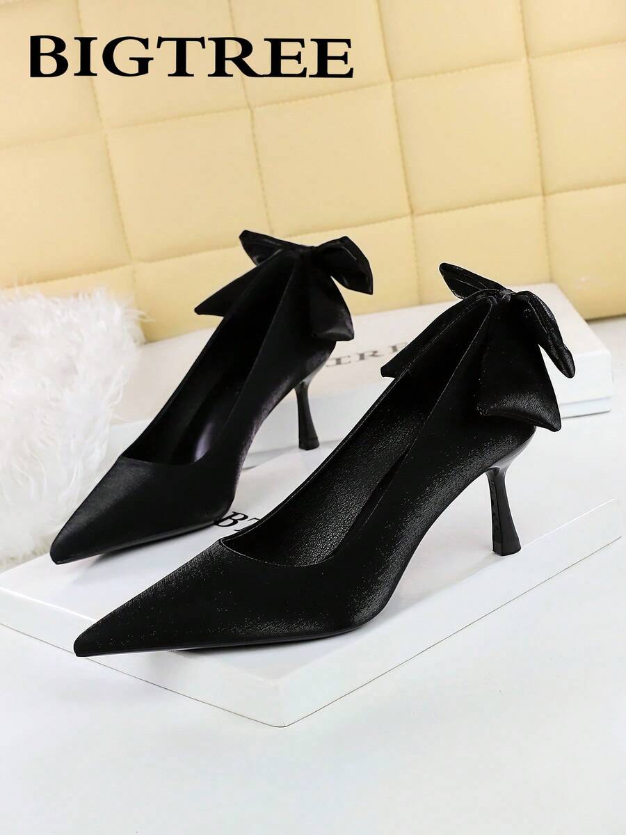 BIGTREE European & American Style Banquet Satin Bow Pointed Toe Low Vamp High Heel Pumps For Women