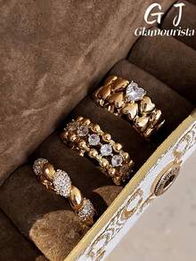 3pcs Gold Rings French Vintage Exquisite Minimalist Bold Design Rhinestone Open Ring Suitable For Women Daily Holiday Commute Wear - 3-piece Ring Set - View 8