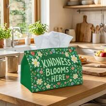 2D Flat Design, 1pc Tissue Box, Playful Floral Art - Minimalist Design, Letter & Flower Green & White Cheerful Pattern, Suitable For Office Desk, Elegant Home & Car Interior Decoration, Easy To Refill Tissue Storage Box - Multicolor - View 4