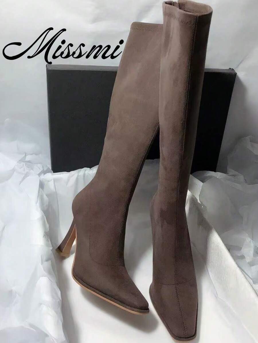 Stiletto High Heel Pointed Toe Over-The-Knee Suede Stretch Boots With Zipper Slim Fit - Brown - View 1