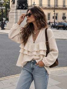 Beige Deep V-Neck Multi-Layer Ruffle Women's Blouse, Autumn Elegant Bohemian Style Loose Long Sleeve Top - Beige - View 1