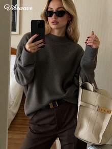 VIBEWAVE Gray Half-High Neck Dropped Shoulder Loose Lazy Pullover Knit Sweater Women Autumn/Winter European And American Minimalist Style Office Commute Versatile Soft Long Sleeve Top - Grey - View 2