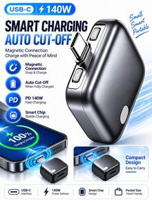 Adaptor Pengisian Cepat Type-C 140W dengan Fungsi Mati Otomatis, Port Pengisian Magnetik yang Dapat Muncul, Mati Otomatis Saat Pengisian Penuh 100%, Cocok untuk Pengisian Semalaman - Hitam dan Putih - View 2