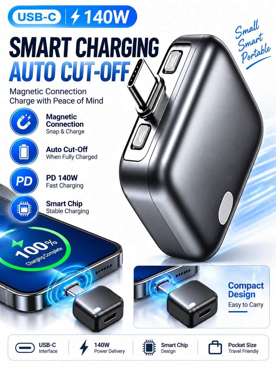 Adaptor Pengisian Cepat Type-C 140W dengan Fungsi Mati Otomatis, Port Pengisian Magnetik yang Dapat Muncul, Mati Otomatis Saat Pengisian Penuh 100%, Cocok untuk Pengisian Semalaman