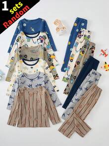 6 Sets Send 1 Set Random Boys Pure Cotton Pajamas Dinosaur Excavator Airplane Print Long Sleeve Long Pants Home Wear All-Over Print Set - Multicolor - View 1