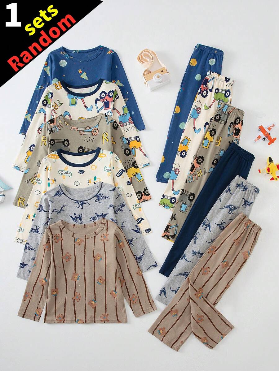 6 Sets Send 1 Set Random Boys Pure Cotton Pajamas Dinosaur Excavator Airplane Print Long Sleeve Long Pants Home Wear All-Over Print Set - Multicolor - View 1