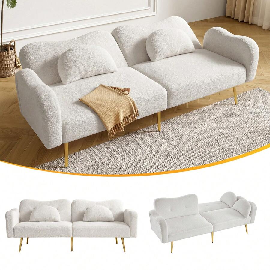 [Bedroom Function] 2-Seater Sofa Bed - Modern 2-Seater Sofa With Adjustable Backrest + Gold-Plated Metal Legs, Integrated Bedroom Function. 2-In-1 Multifunctional Furniture. - White + Foam + 2 Seat + Foam - View 1
