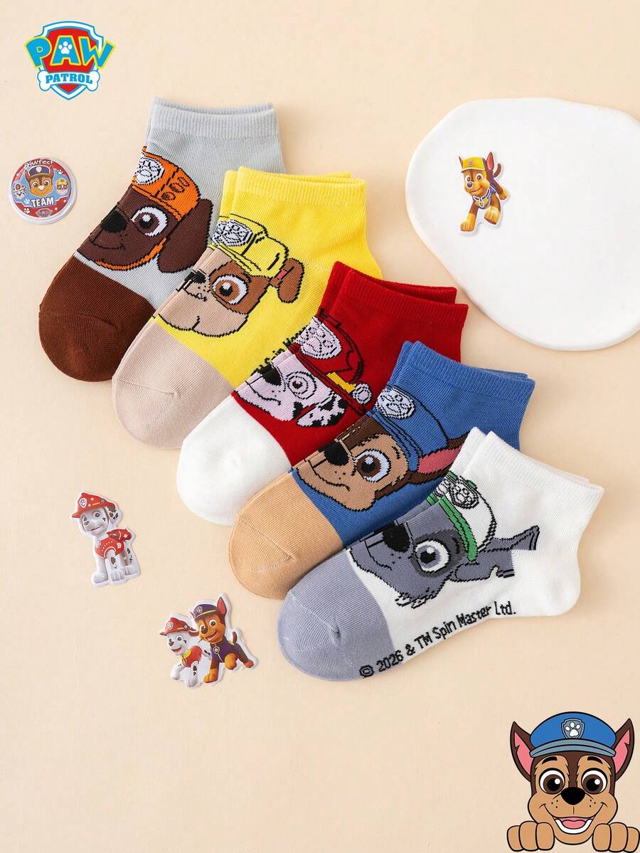 5 Pairs Paw Patrol Series Authentic Archie, Rubble Color Block Cartoon Kids Short Socks - Multicolor - View 1