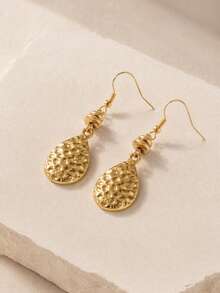 1 Pair Vintage Hammered Texture Water Drop Dangle Earrings Suitable For Women's Daily And Party Wear - Yellow Gold - View 6