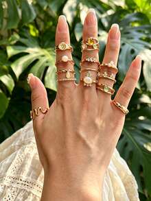 13pcs Personalized Rhinestone & Faux Gemstone Ring Set, Fashionable Accessory For Women To Wear At Parties, Gatherings, Music Festivals - Yellow Gold - View 1
