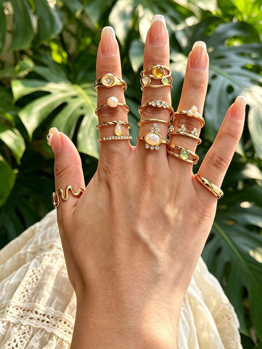 13pcs Personalized Rhinestone & Faux Gemstone Ring Set, Fashionable Accessory For Women To Wear At Parties, Gatherings, Music Festivals - Yellow Gold - View 1