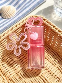 Pink Heart-Shaped Hollow Lipstick Tube Keychain, Portable Lipstick Bottle With Pink Bear, Flower And Bell Keychain Pendant, Backpack Decoration - Multicolor - View 1